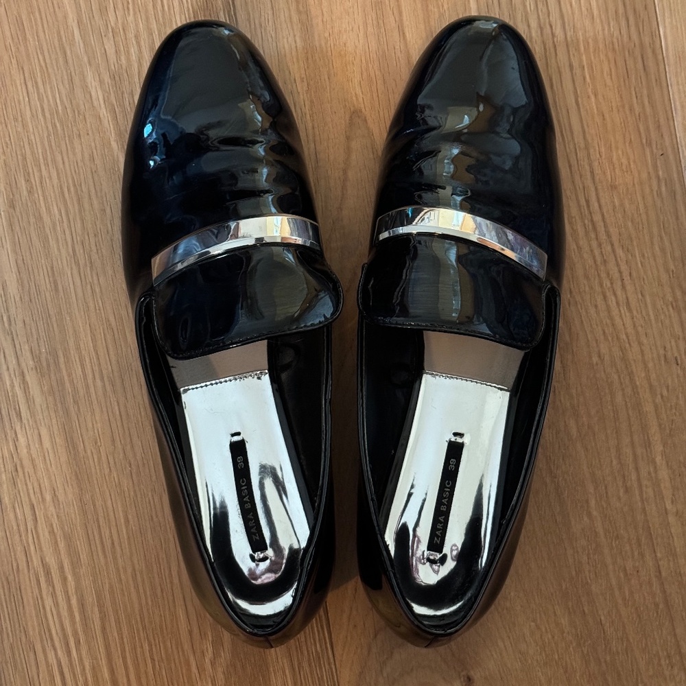 Zara Black & Silver Patent Leather Loafers size 39